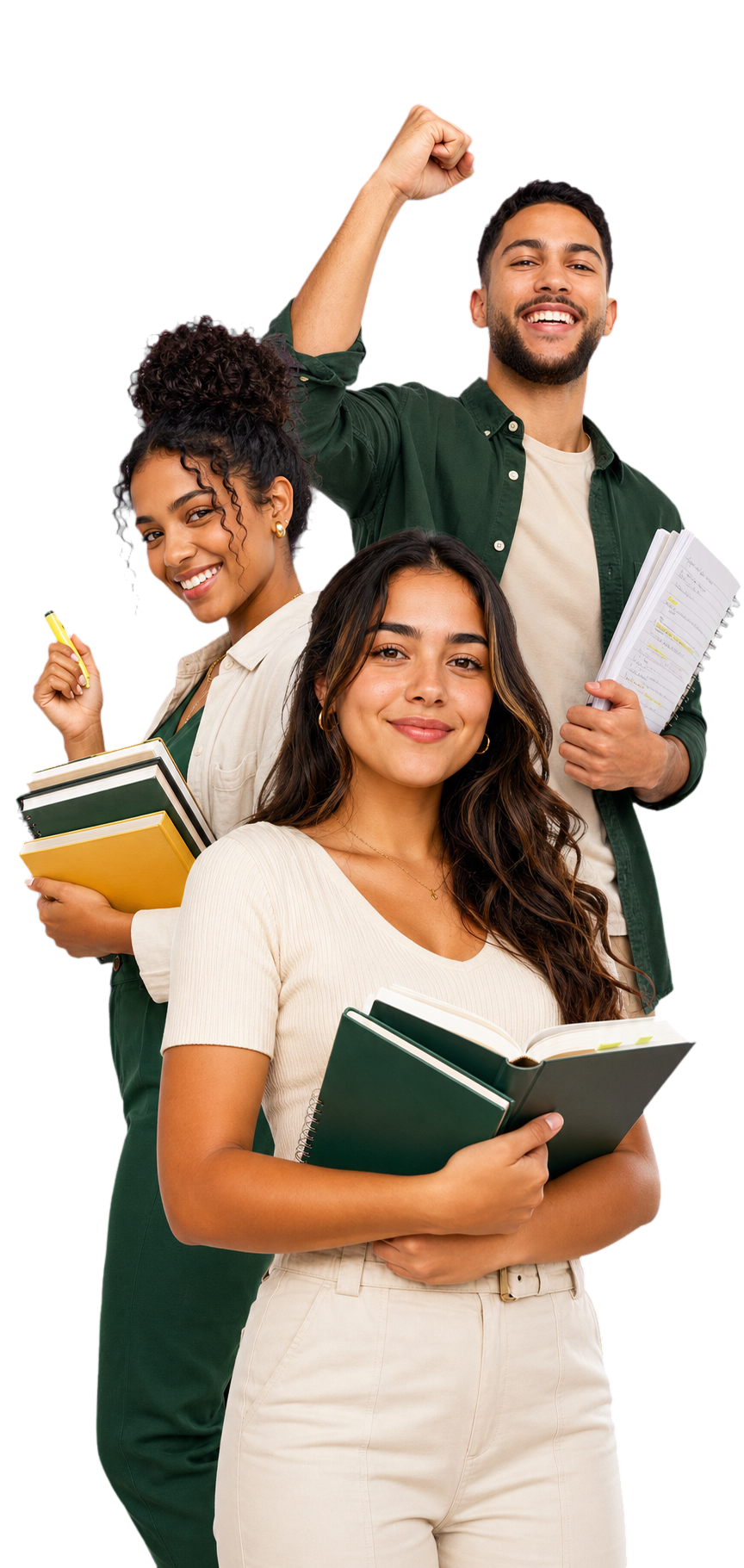 Estudantes se preparando e comemorando a aprovação em concurso