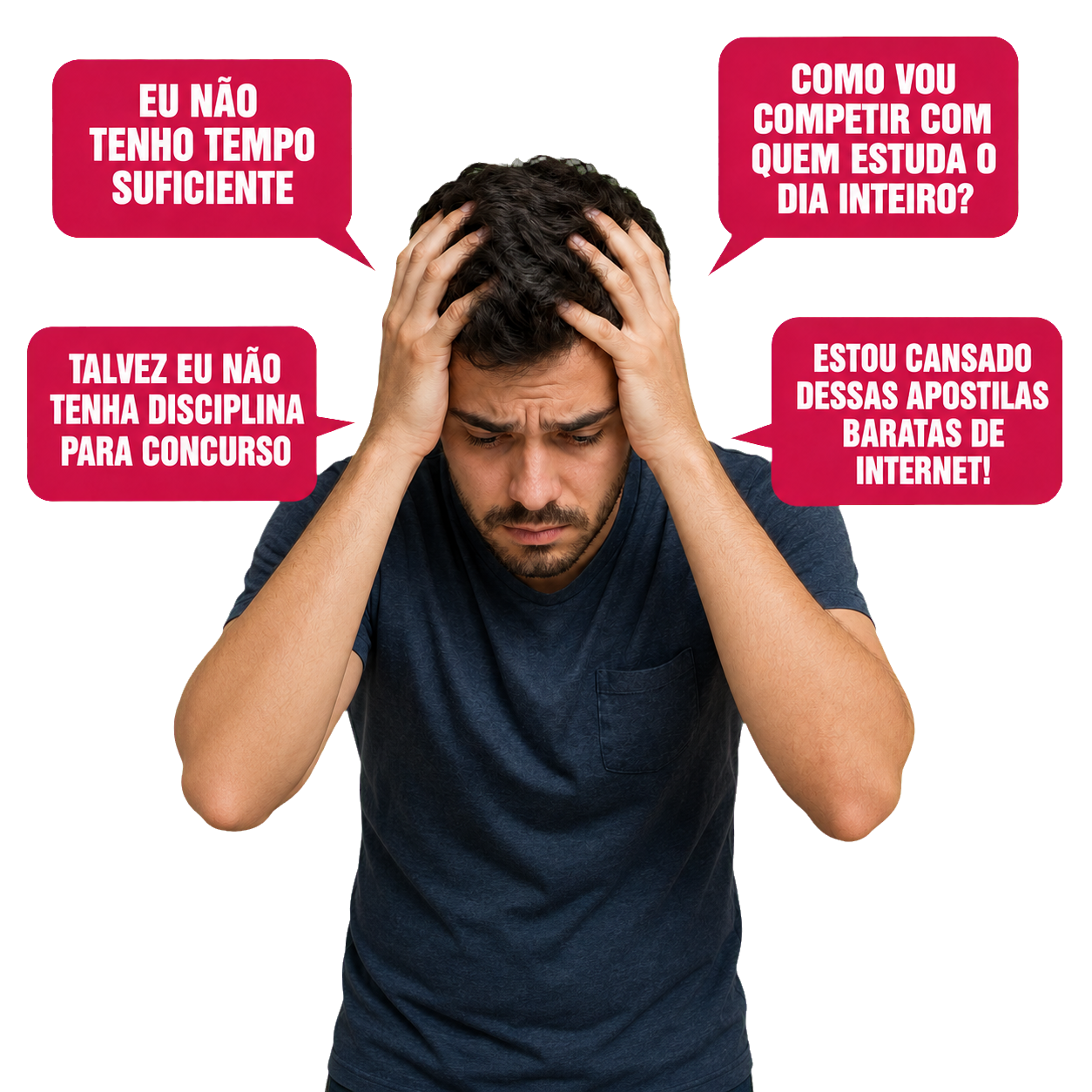 Concurseiro sobrecarregado, com as mãos na cabeça, cercado por pensamentos negativos sobre estudar para concurso