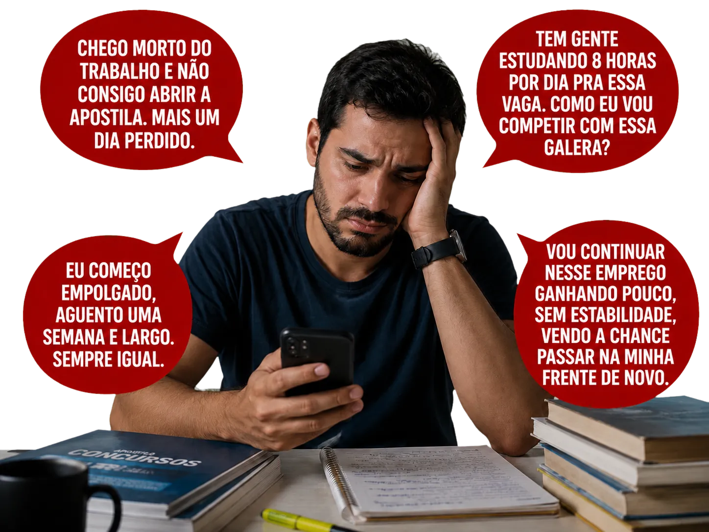 Candidato cansado diante dos estudos, cercado por pensamentos sobre tempo, constância, concorrência e estabilidade